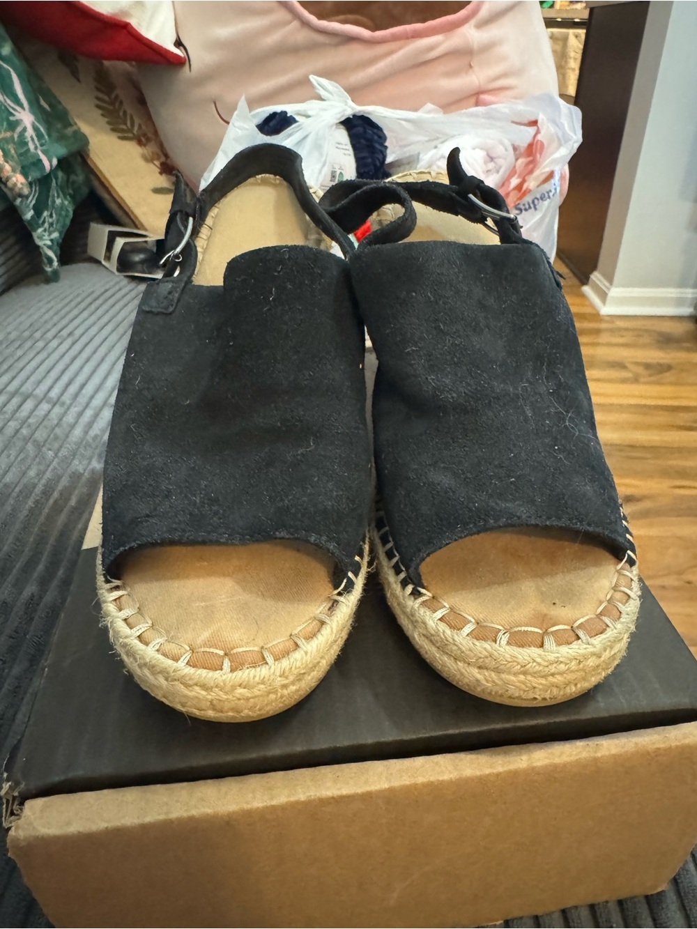 Toms Black Suede Open-Toe Espadrille Wedge Sandals - Women
